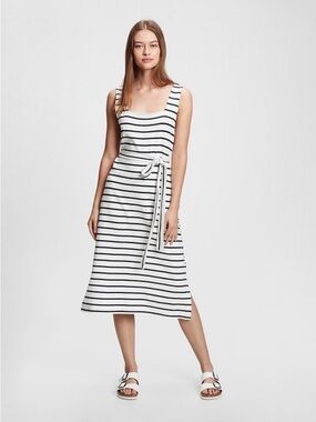 Gap Striped Tank Midi Dress with Waist Tie - White & Navy Sz XL Tall